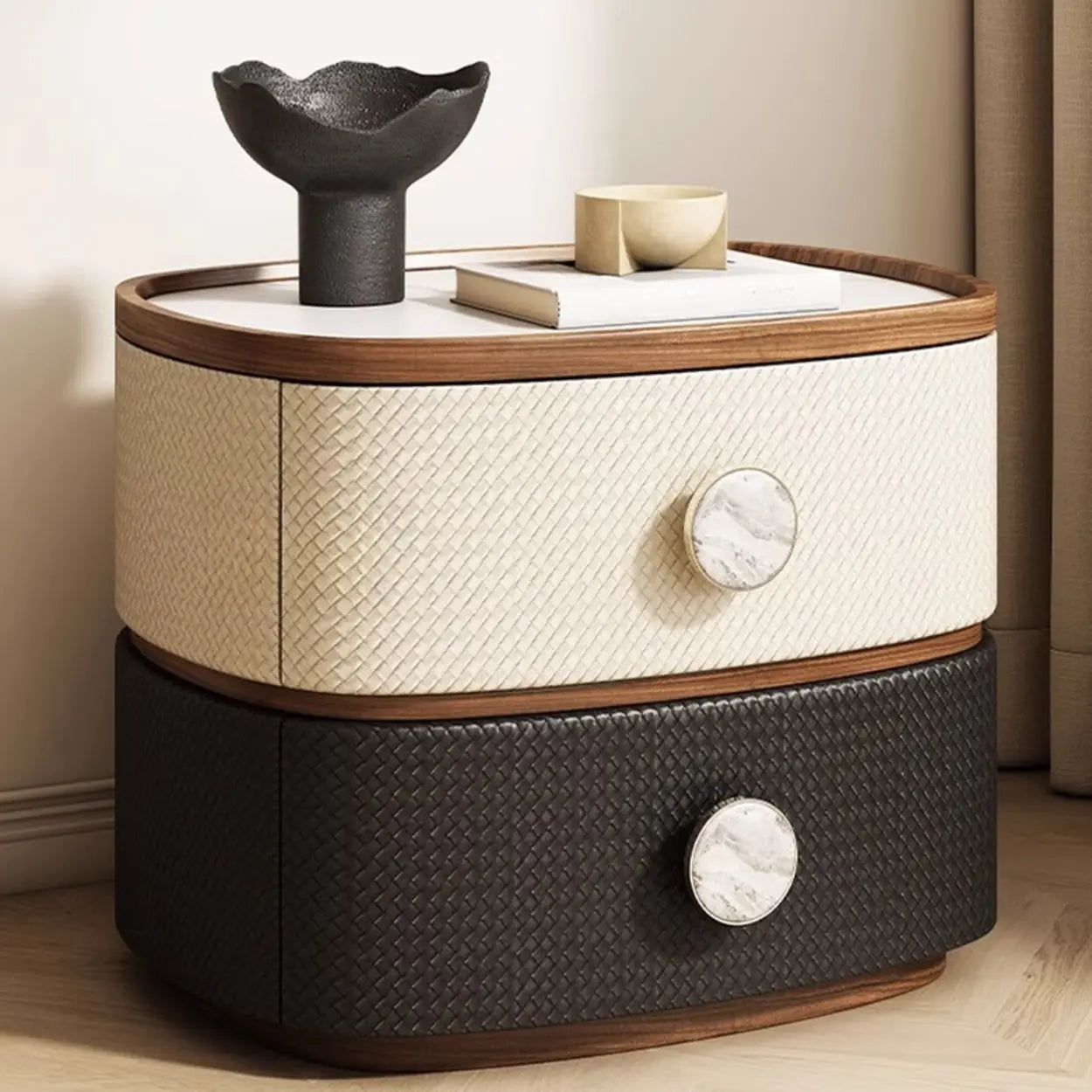 Scandinavian Two-Tone Oval Leather Nightstand