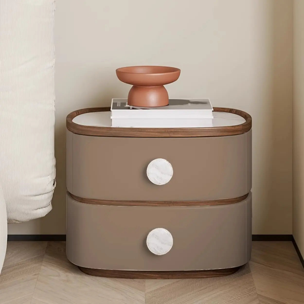 Scandinavian Two-Tone Oval Leather Nightstand — Dark Coffee