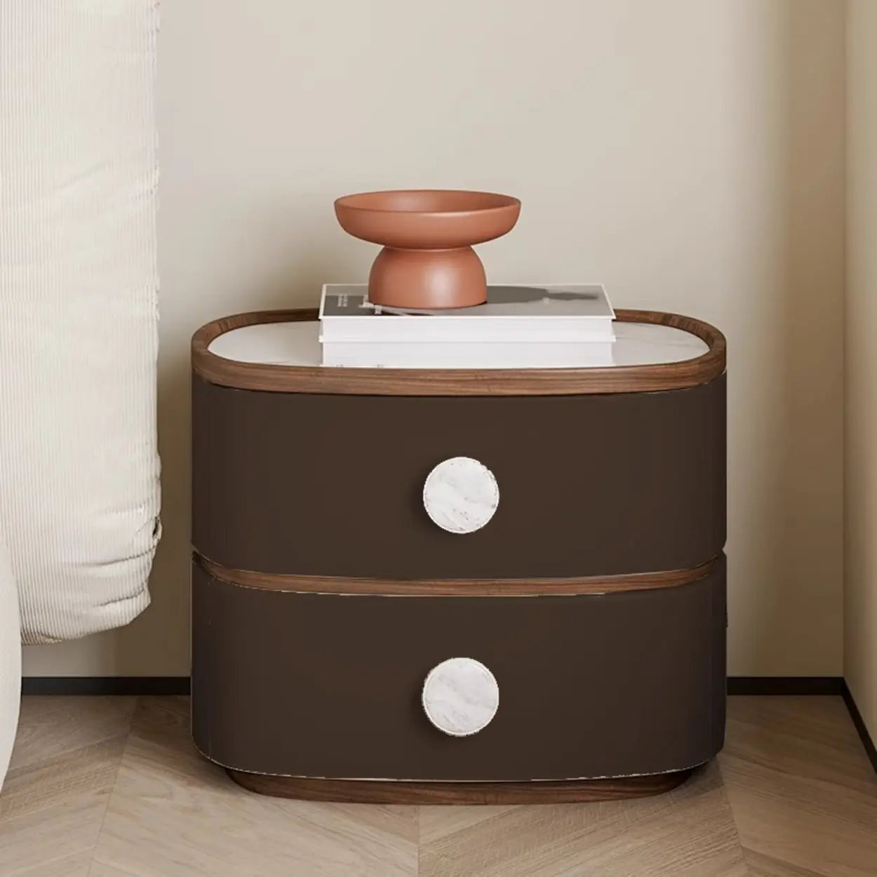 Scandinavian Two-Tone Oval Leather Nightstand — Light Gray