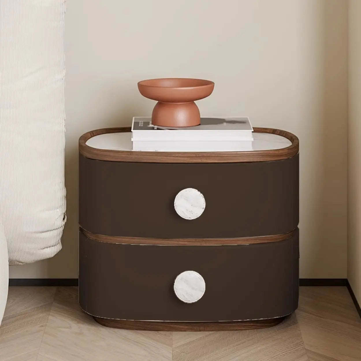 Scandinavian Two-Tone Oval Leather Nightstand — Light Gray