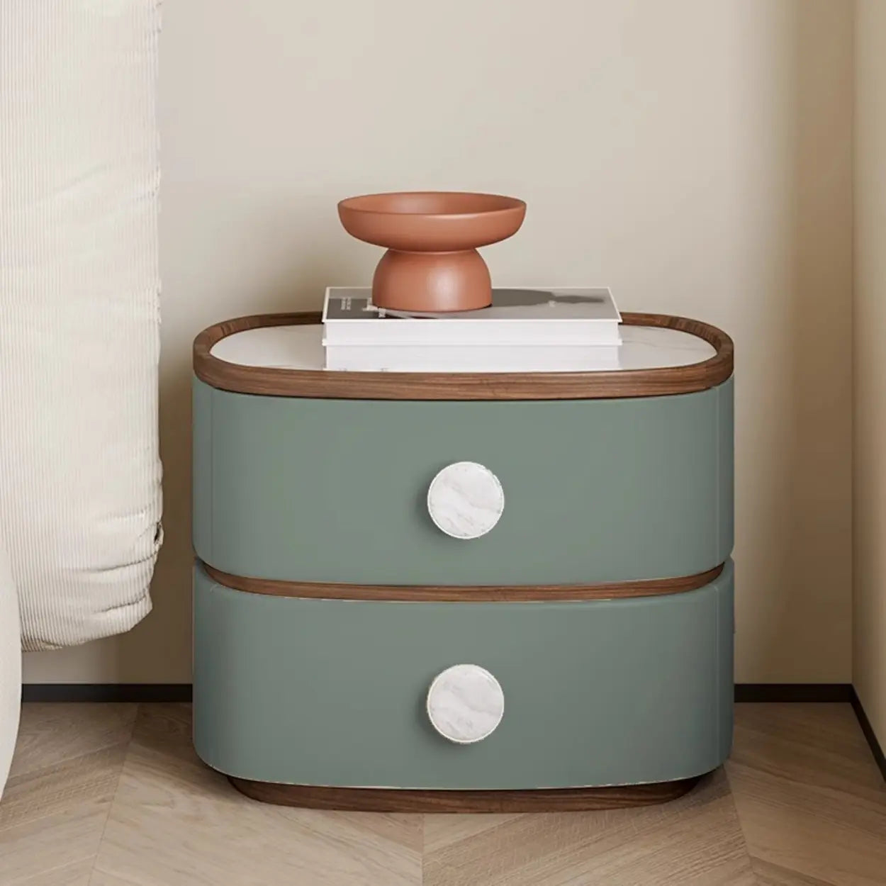 Scandinavian Two-Tone Oval Leather Nightstand