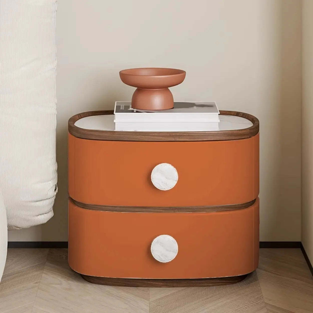 Scandinavian Two-Tone Oval Leather Nightstand