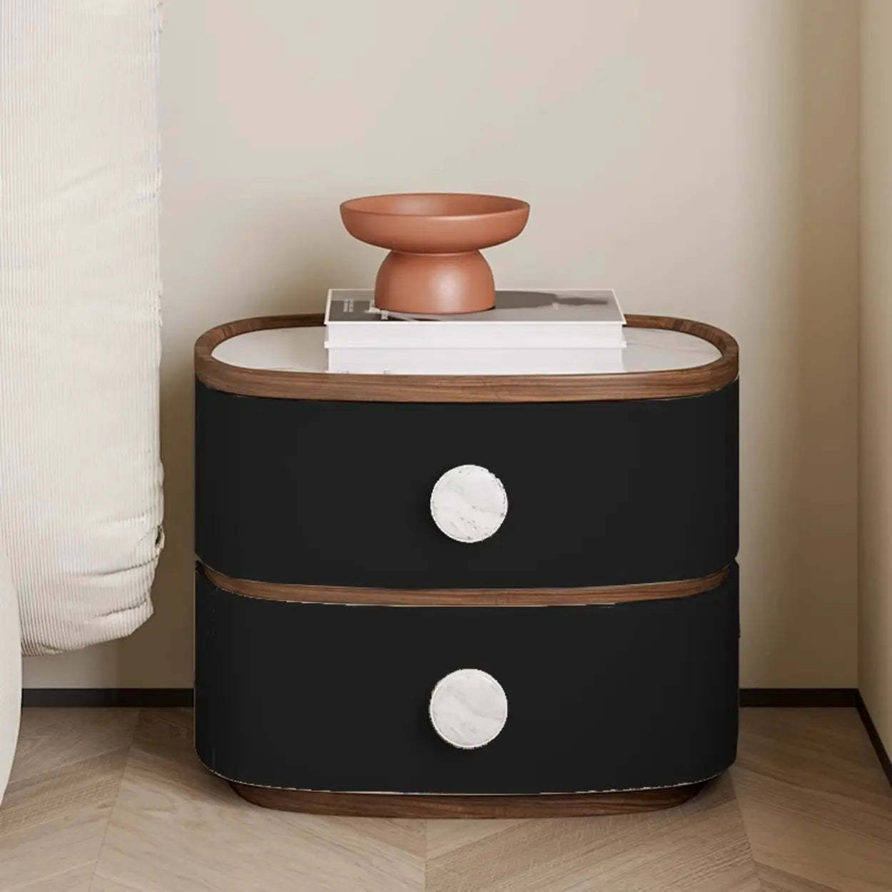 Scandinavian Two-Tone Oval Leather Nightstand