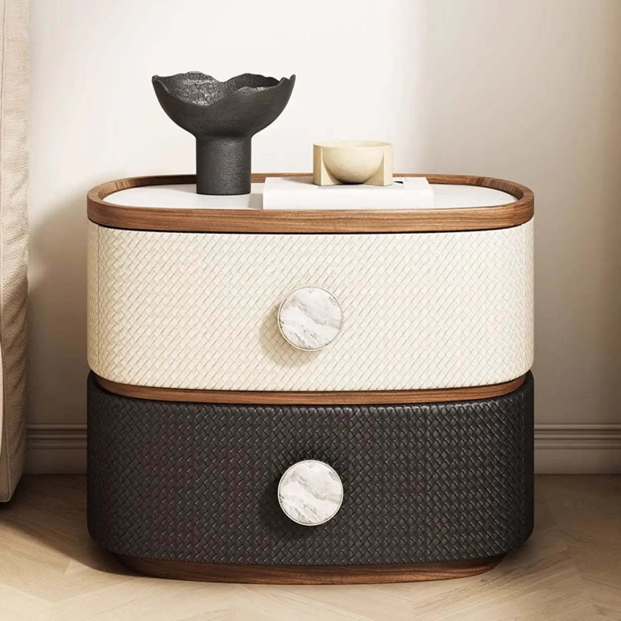 Scandinavian Two-Tone Oval Leather Nightstand