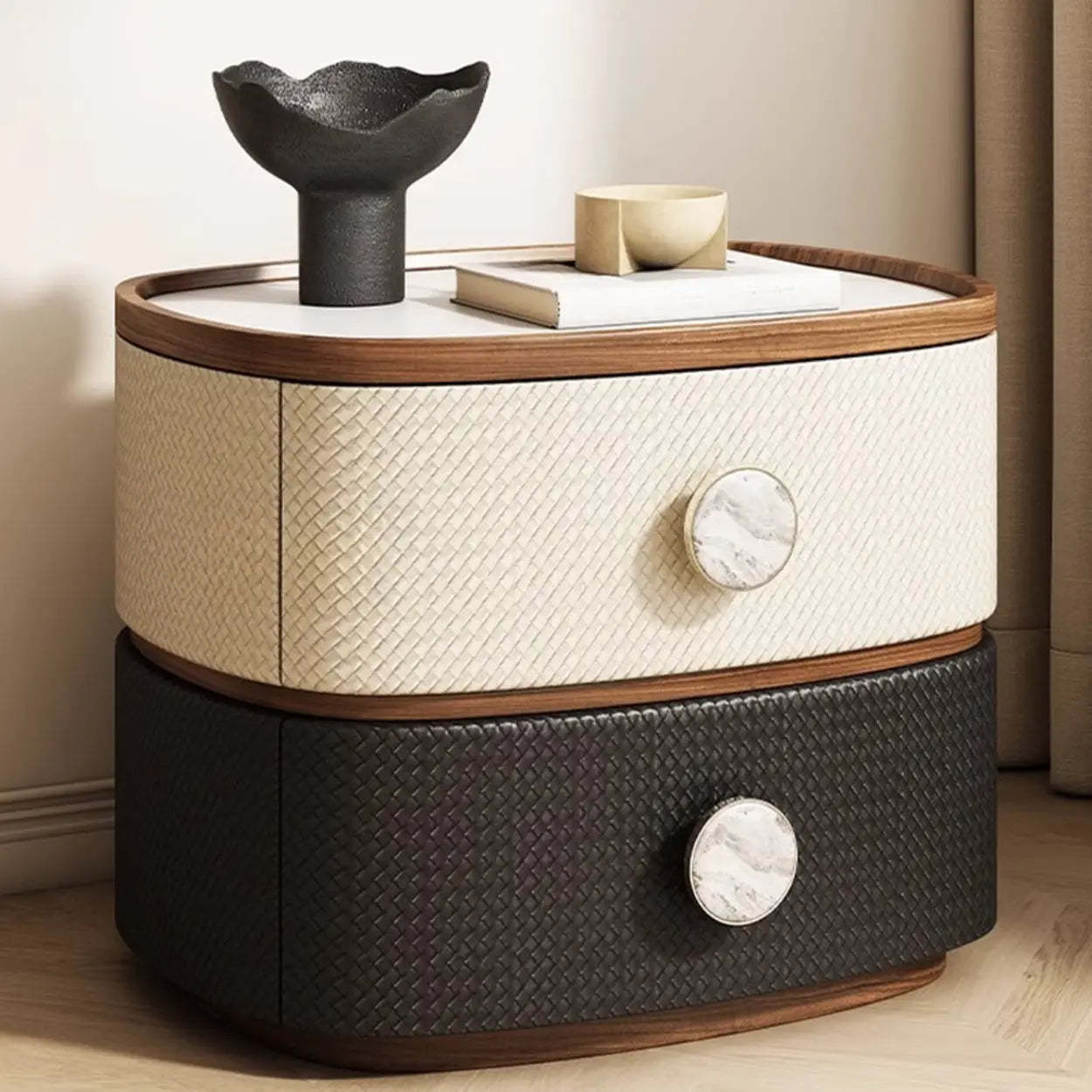 Scandinavian Two-Tone Oval Leather Nightstand — Black