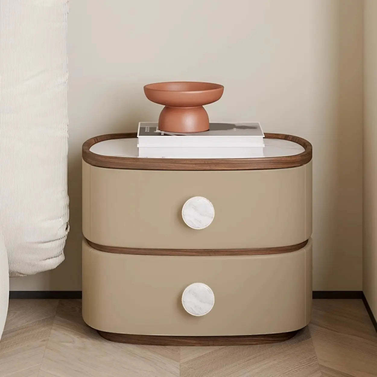 Scandinavian Two-Tone Oval Leather Nightstand — Off-White
