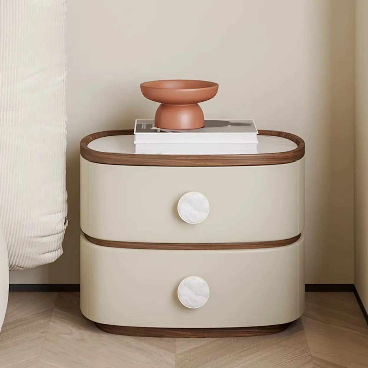 Scandinavian Two-Tone Oval Leather Nightstand — Light Coffee