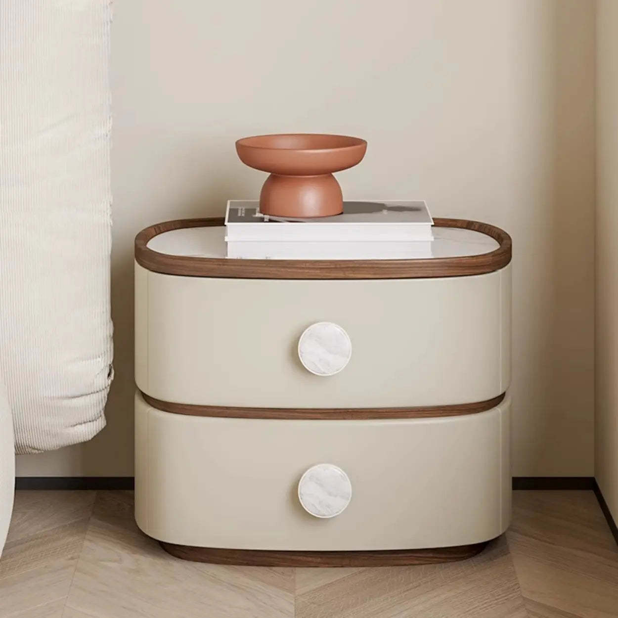 Scandinavian Two-Tone Oval Leather Nightstand — Light Coffee