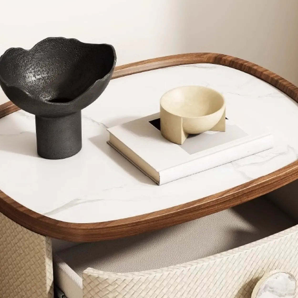 Scandinavian Two-Tone Oval Leather Nightstand — Avocado Green