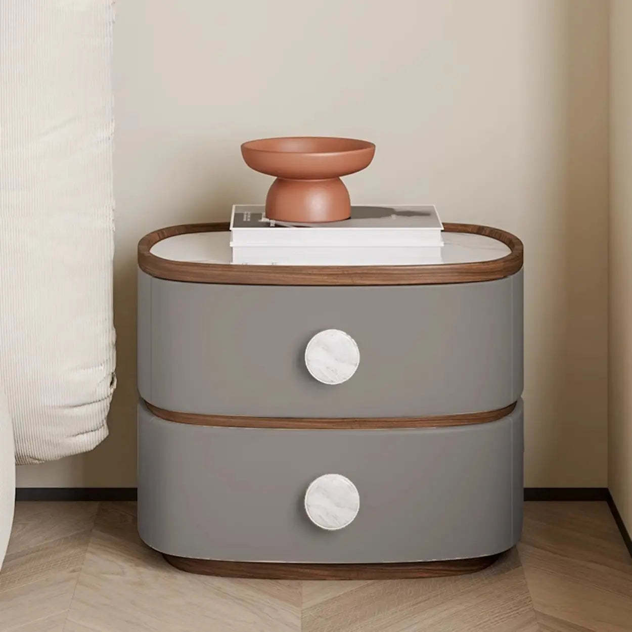 Scandinavian Two-Tone Oval Leather Nightstand — Orange