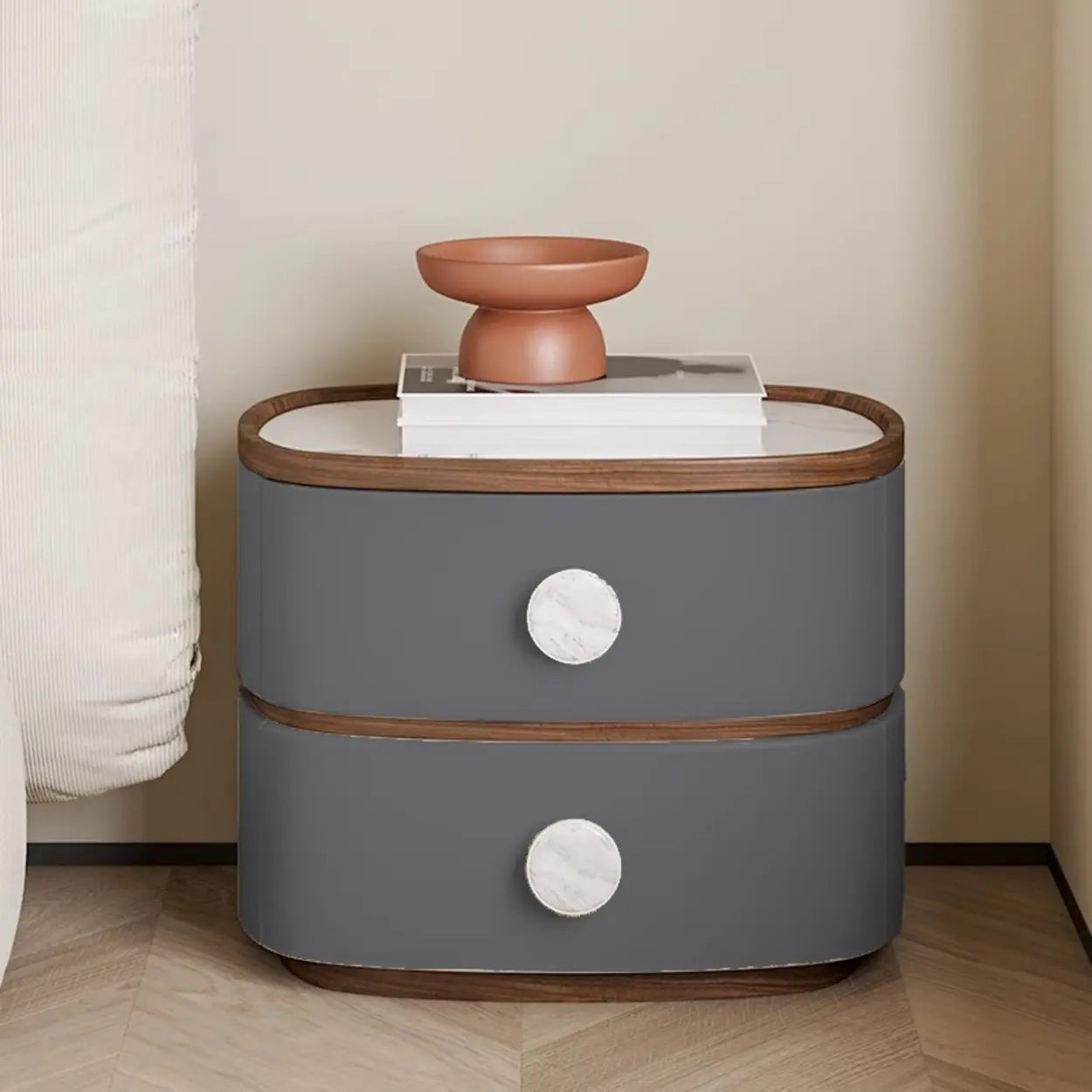 Scandinavian Two-Tone Oval Leather Nightstand — Dark Gray