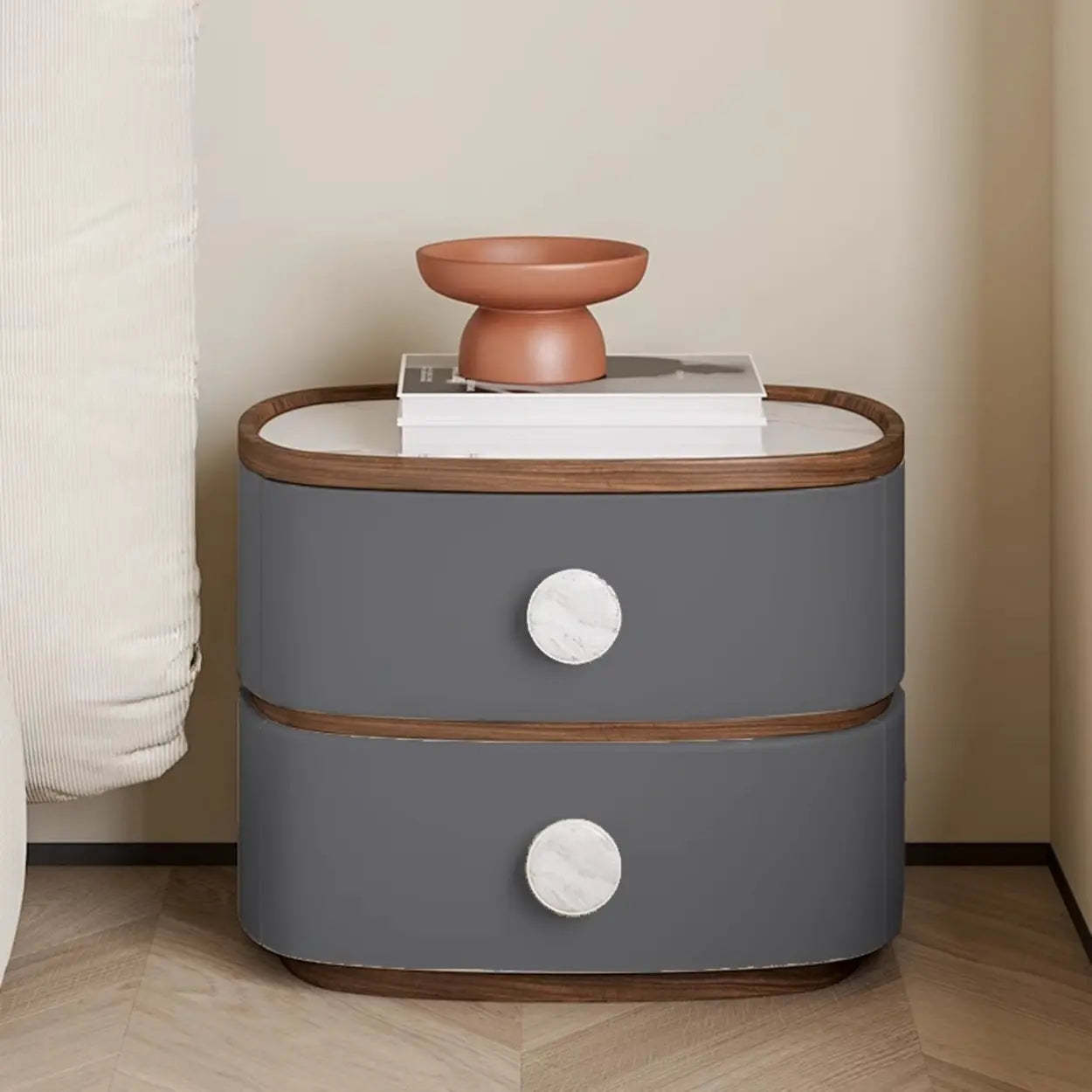 Scandinavian Two-Tone Oval Leather Nightstand — Dark Gray