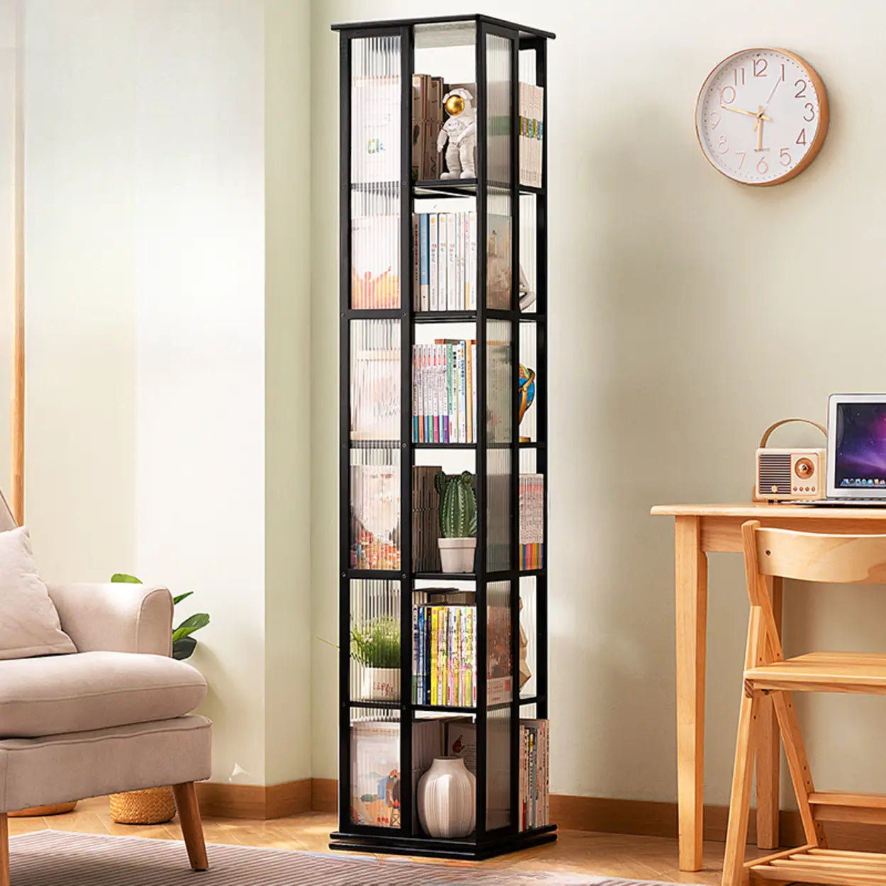 Scandinavian Tall Rotating Bamboo Bookshelf Tower