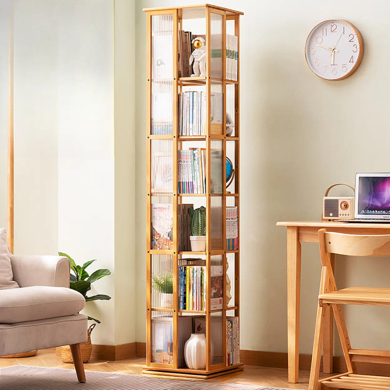 Scandinavian Tall Rotating Bamboo Bookshelf Tower — Black