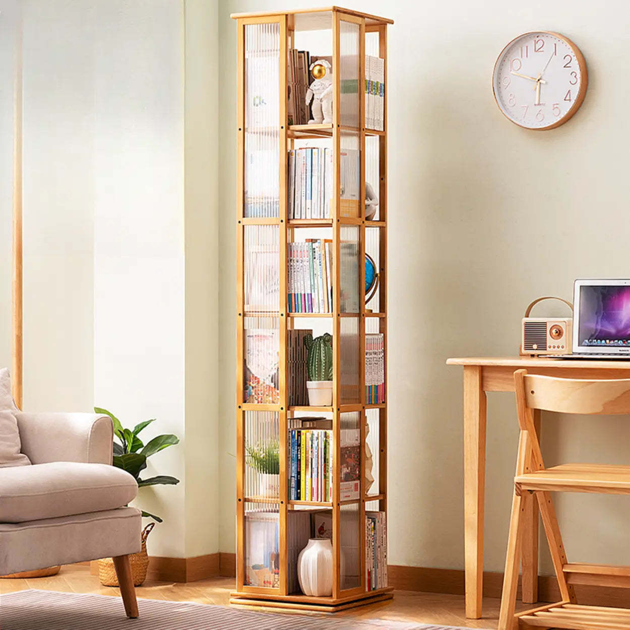 Scandinavian Tall Rotating Bamboo Bookshelf Tower — Black