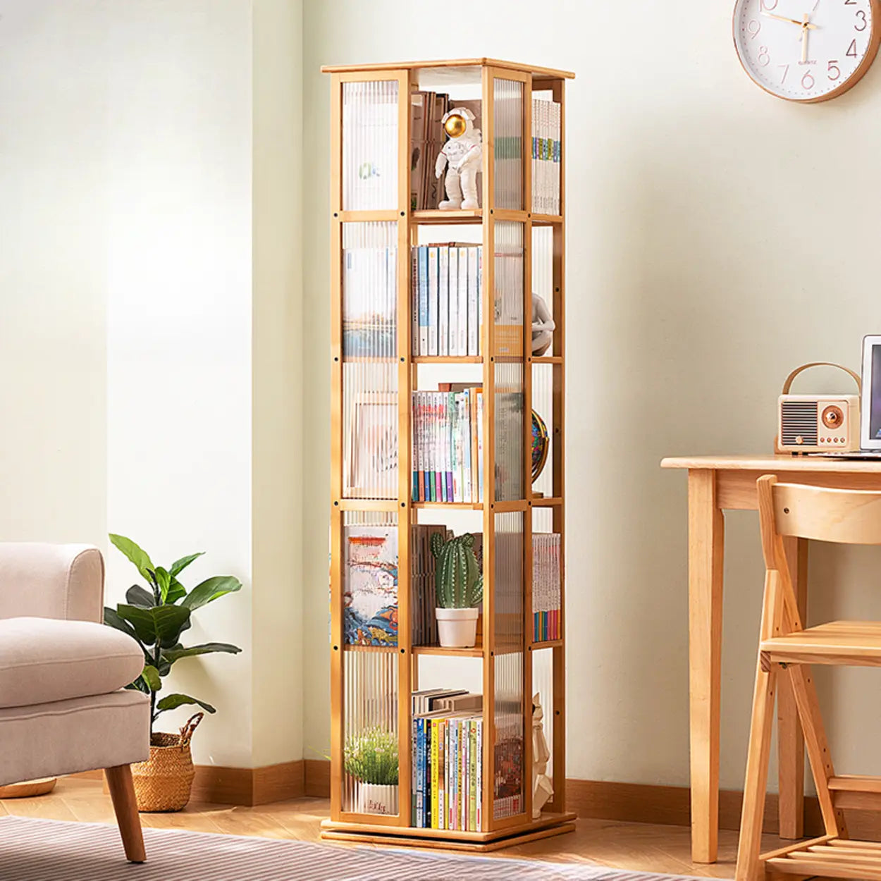 Scandinavian Tall Rotating Bamboo Bookshelf Tower — Tan