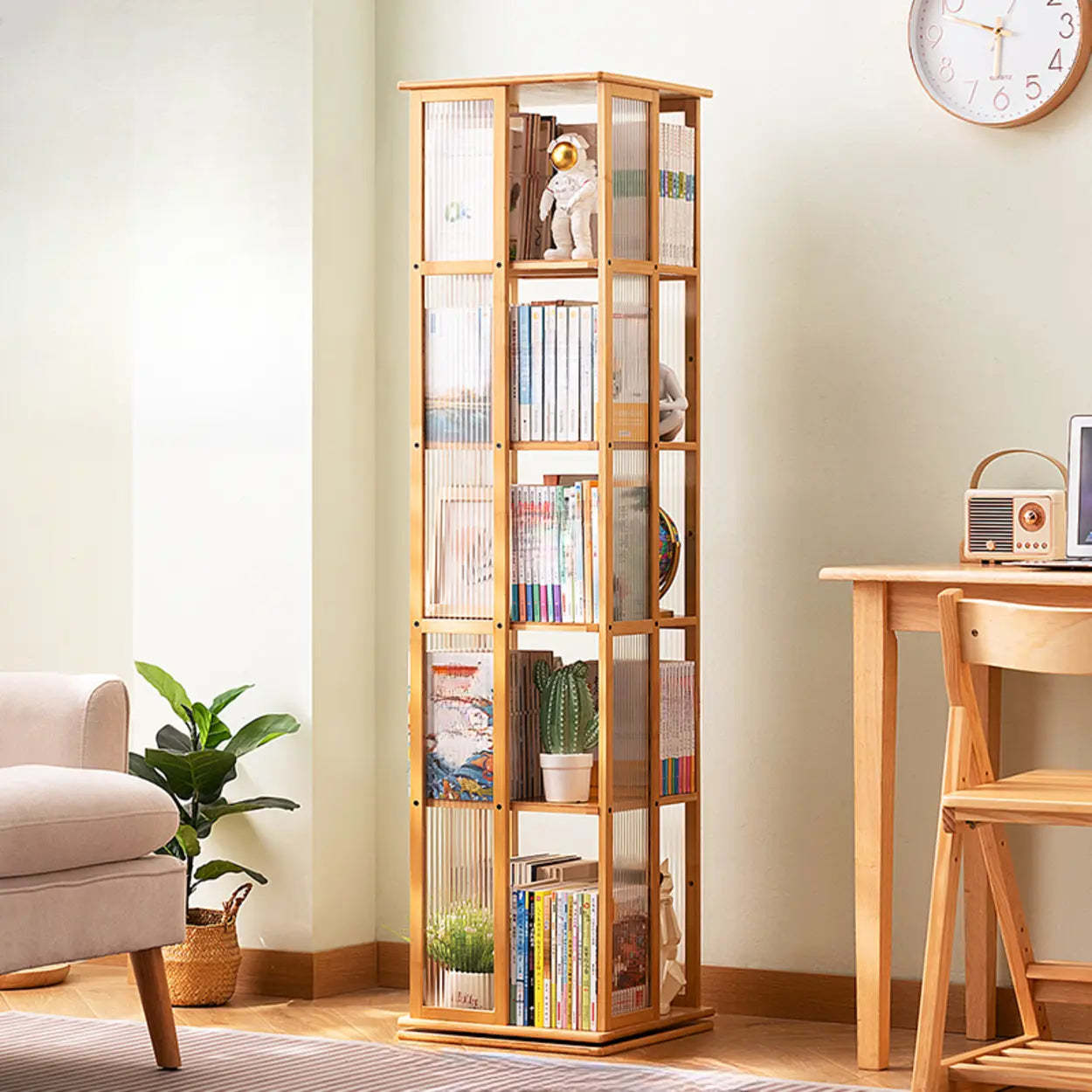 Scandinavian Tall Rotating Bamboo Bookshelf Tower — Tan