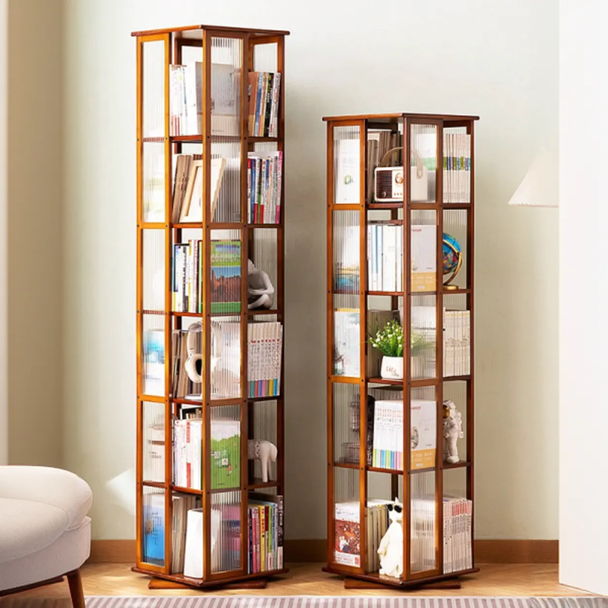 Scandinavian Tall Rotating Bamboo Bookshelf Tower — Tan