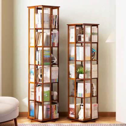Scandinavian Tall Rotating Bamboo Bookshelf Tower — Tan