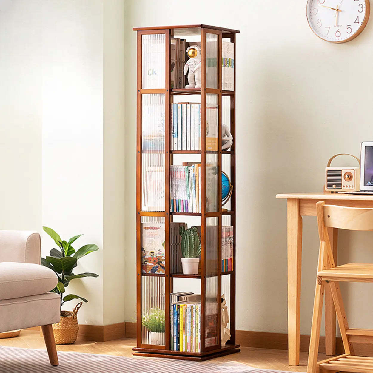 Scandinavian Tall Rotating Bamboo Bookshelf Tower — Natural