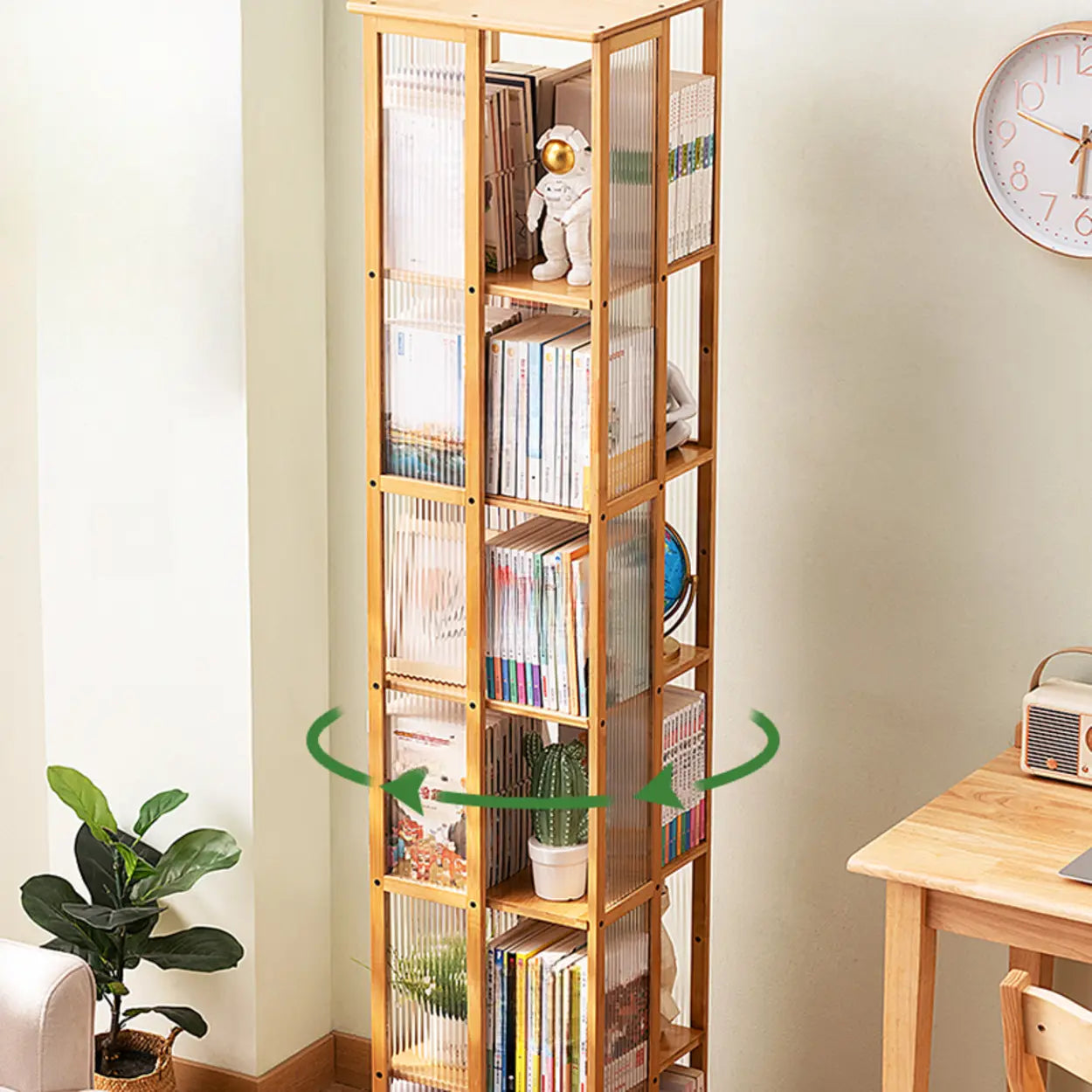 Scandinavian Tall Rotating Bamboo Bookshelf Tower — Natural