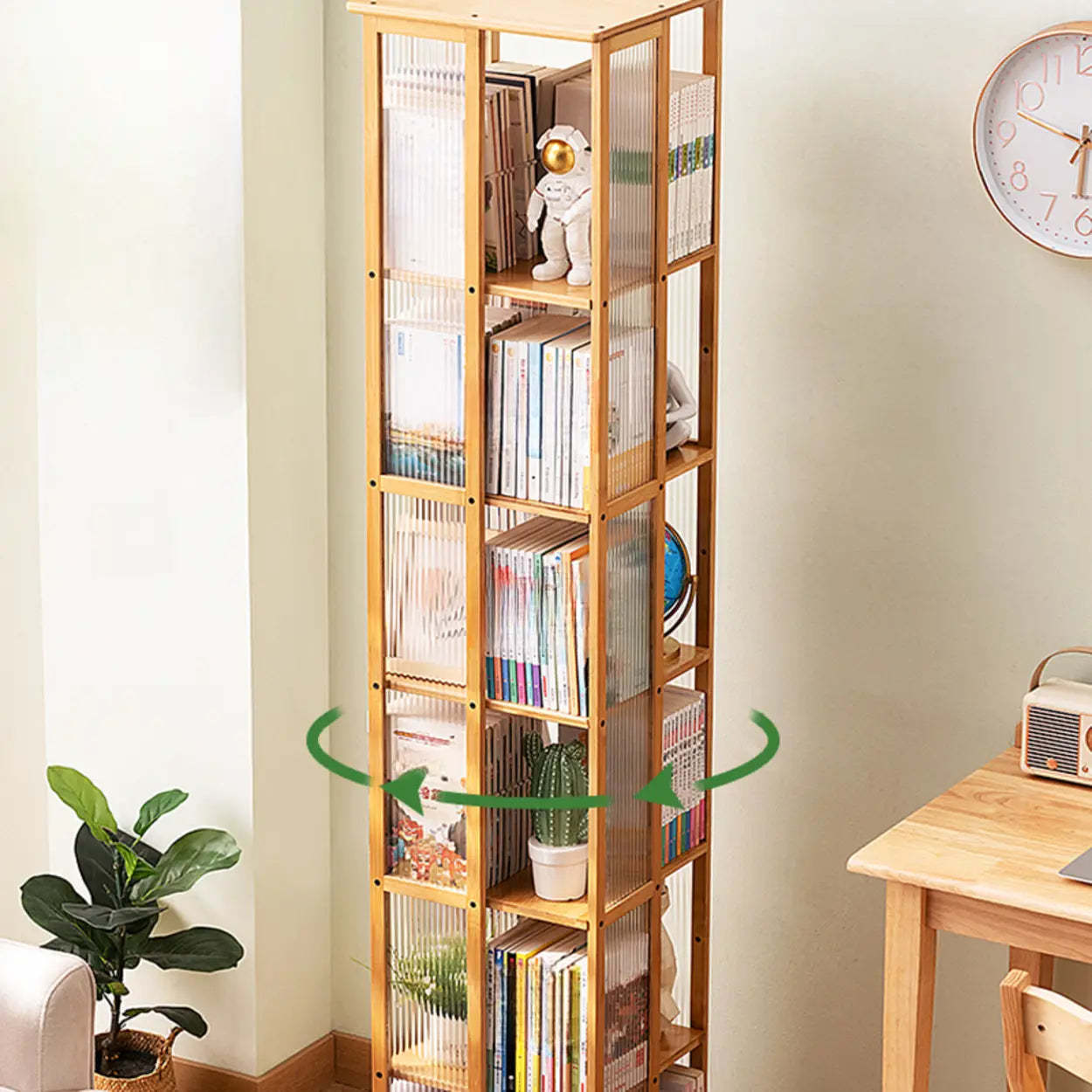 Scandinavian Tall Rotating Bamboo Bookshelf Tower — Natural