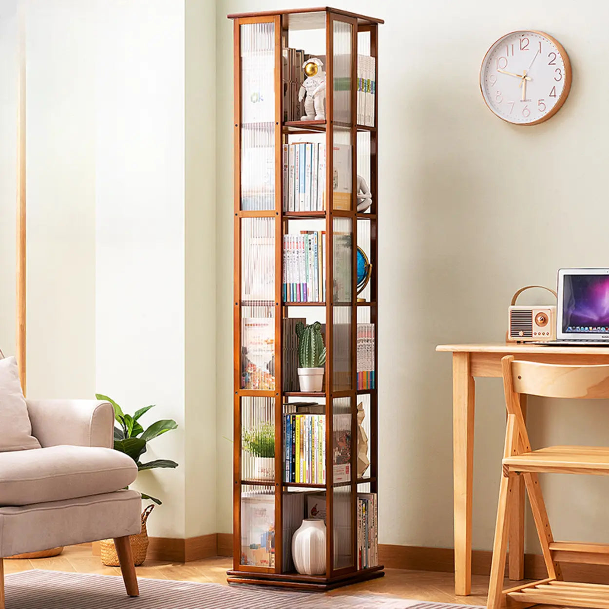 Scandinavian Tall Rotating Bamboo Bookshelf Tower
