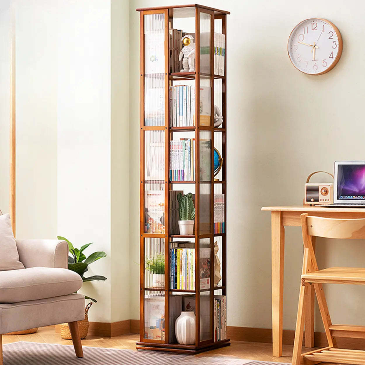 Scandinavian Tall Rotating Bamboo Bookshelf Tower