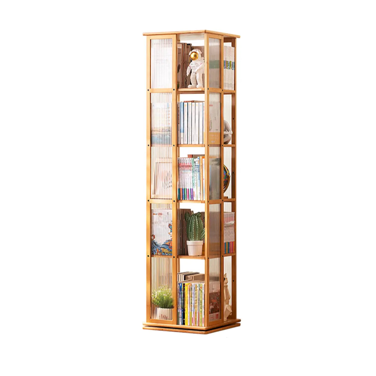 Scandinavian Tall Rotating Bamboo Bookshelf Tower