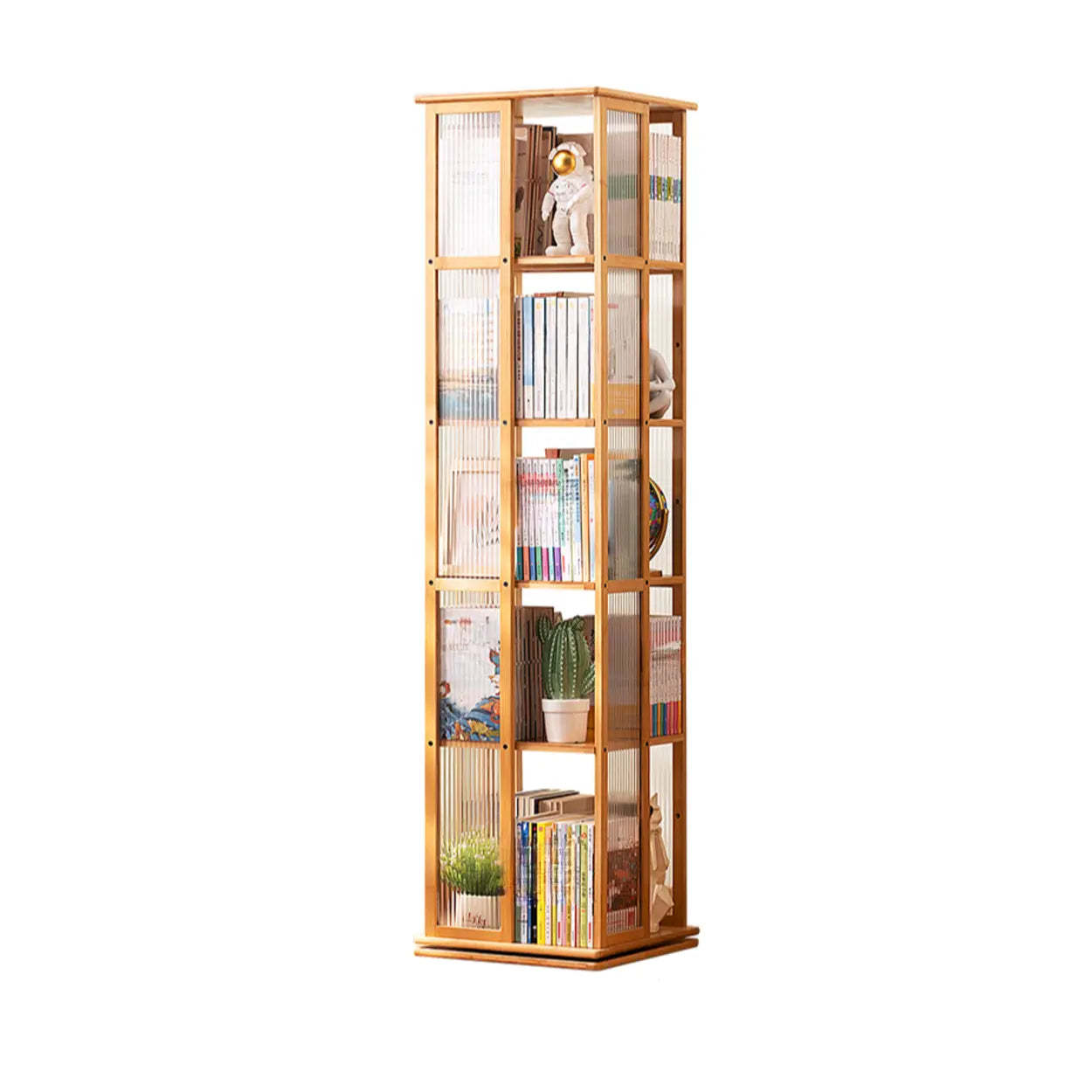 Scandinavian Tall Rotating Bamboo Bookshelf Tower