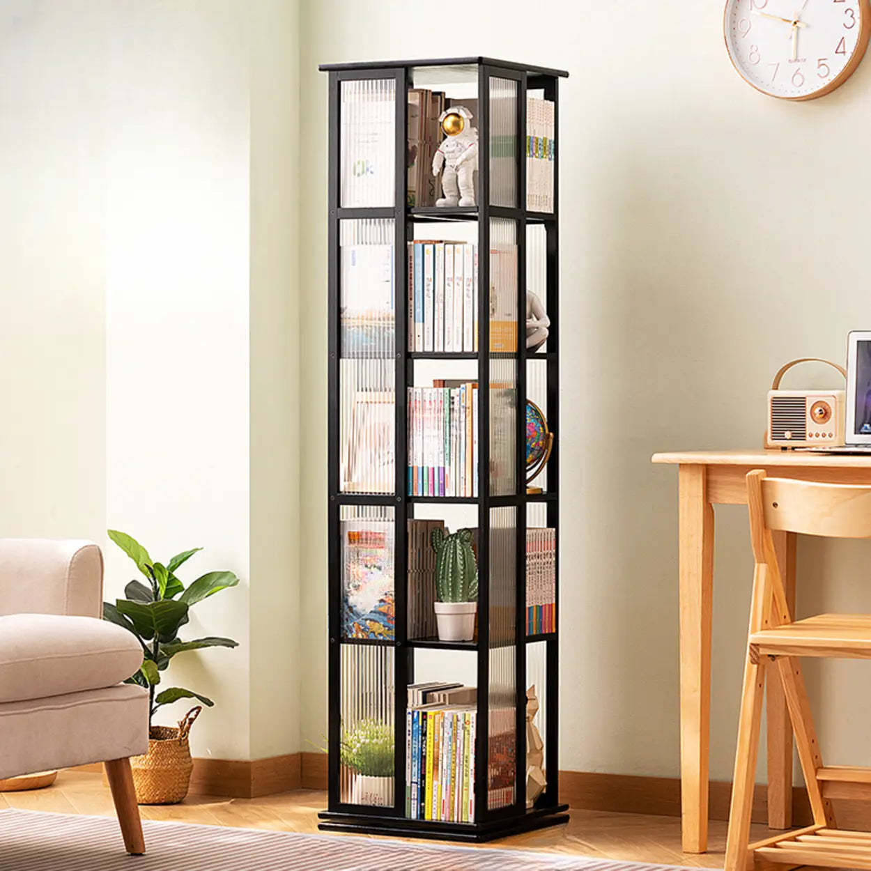 Modern tower rotating bookcases in bamboo — 15" L x 15" W x 59" H / Black