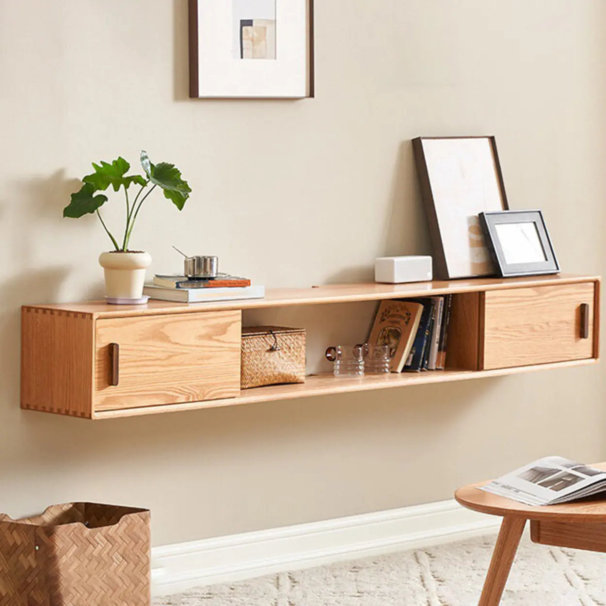 Scandinavian Wall-Mounted Wood TV Stand with Cabinet