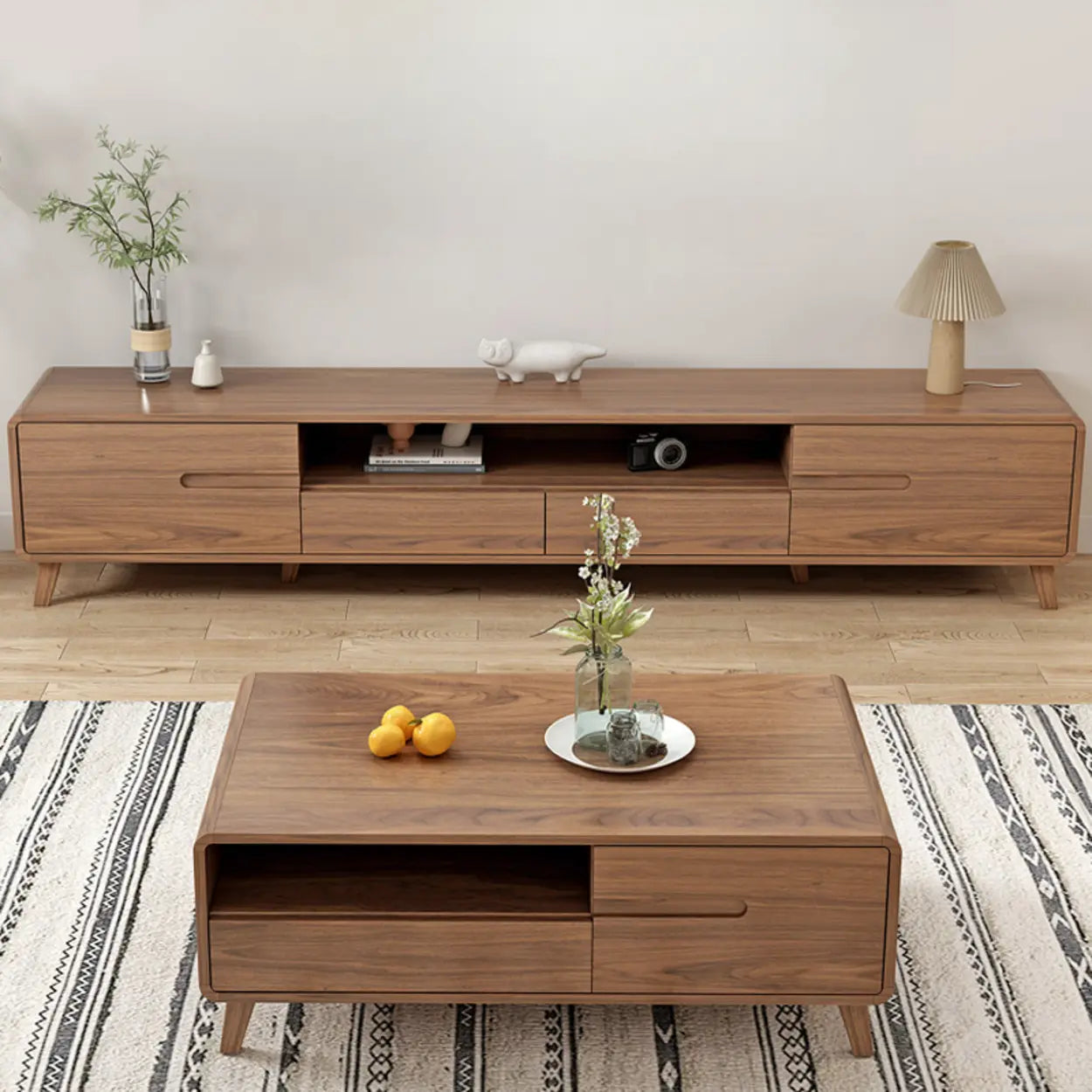 Scandinavian Walnut Wood TV Stand with Cabinet