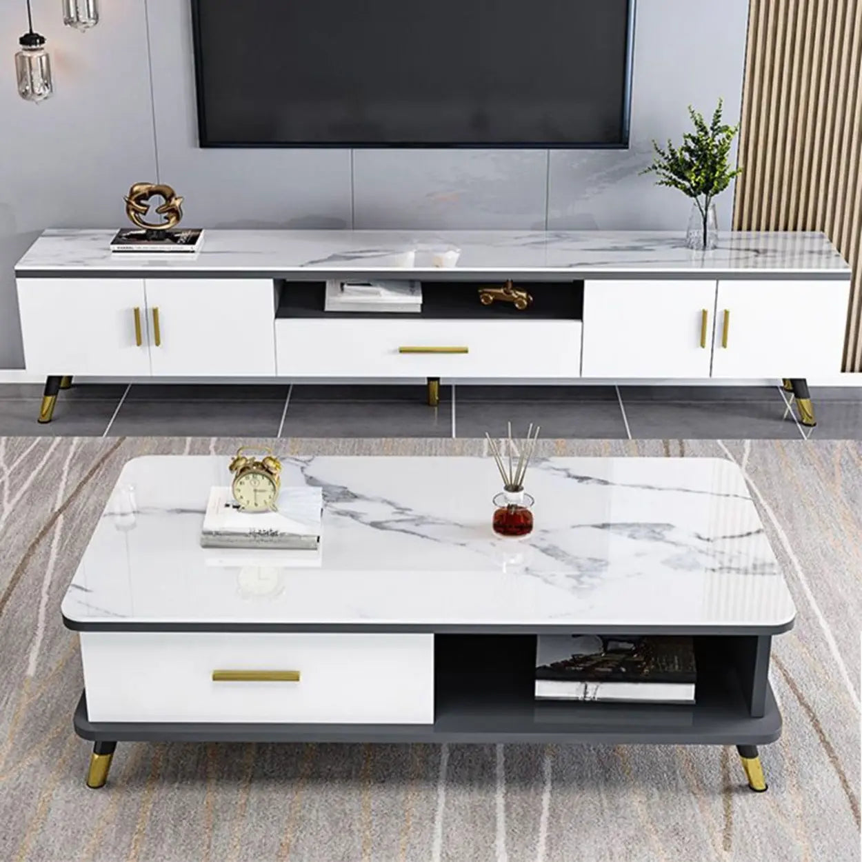 Scandinavian White Glass Cabinet Drawer TV Stand