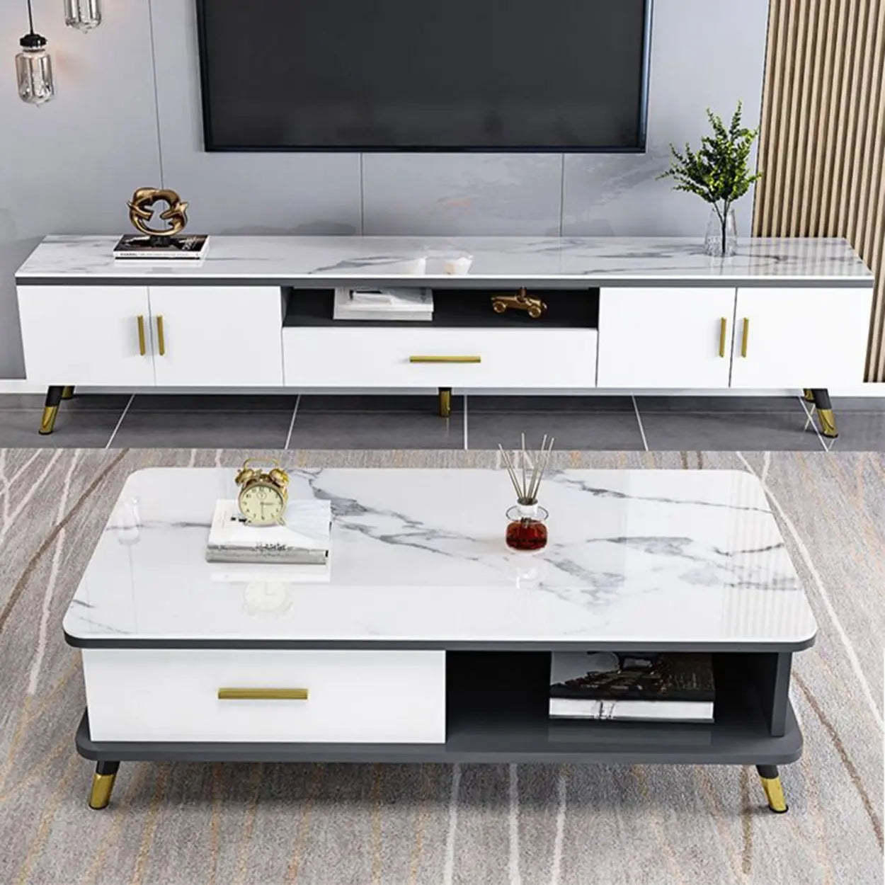 Scandinavian White Glass Cabinet Drawer TV Stand — White