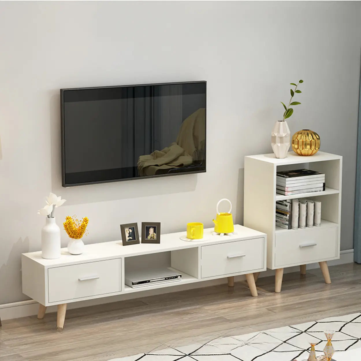 Scandinavian White Wood TV Stand with Drawers