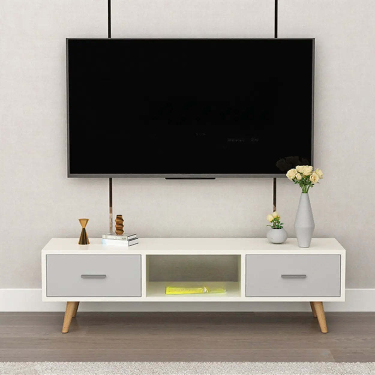 Scandinavian White Wood TV Stand with Drawers