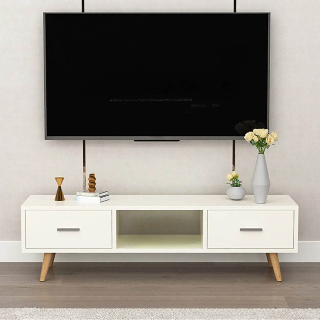 Scandinavian White Wood TV Stand with Drawers — White-Black