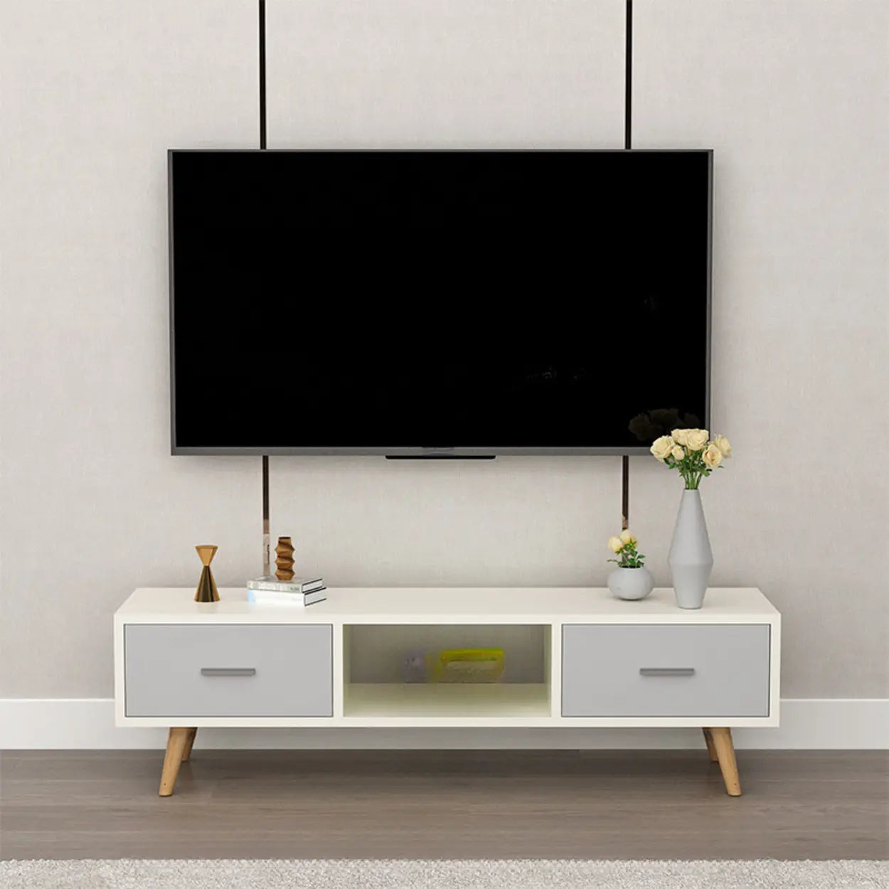 Scandinavian White Wood TV Stand with Drawers — White
