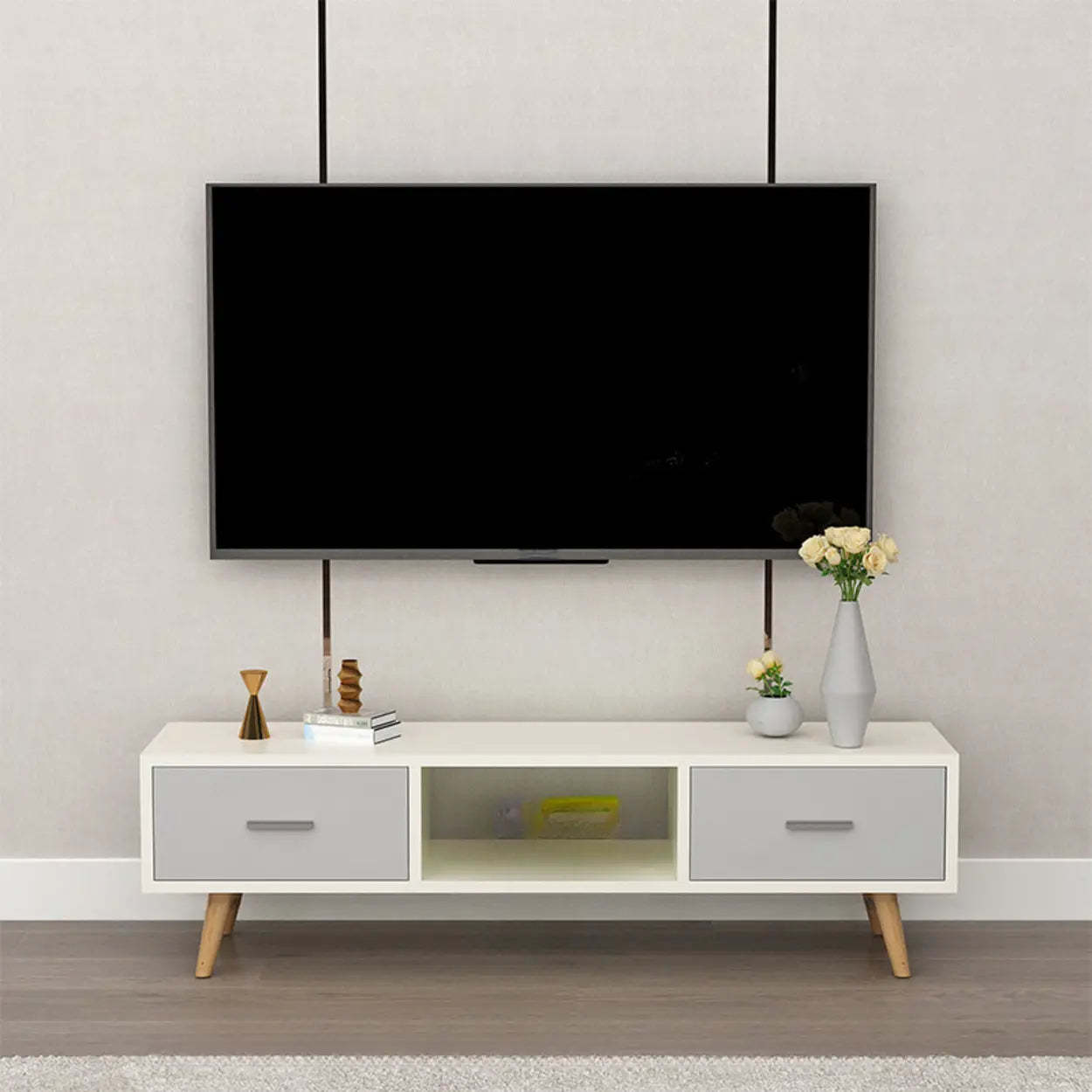 Scandinavian White Wood TV Stand with Drawers — White