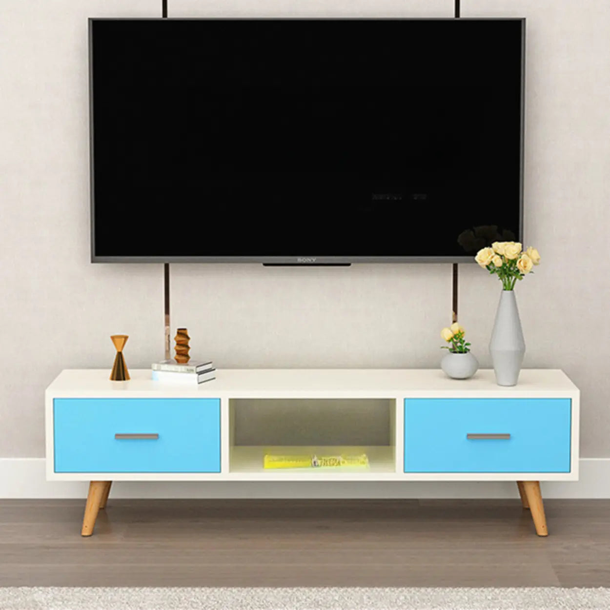 Scandinavian White Wood TV Stand with Drawers — Natural/ White