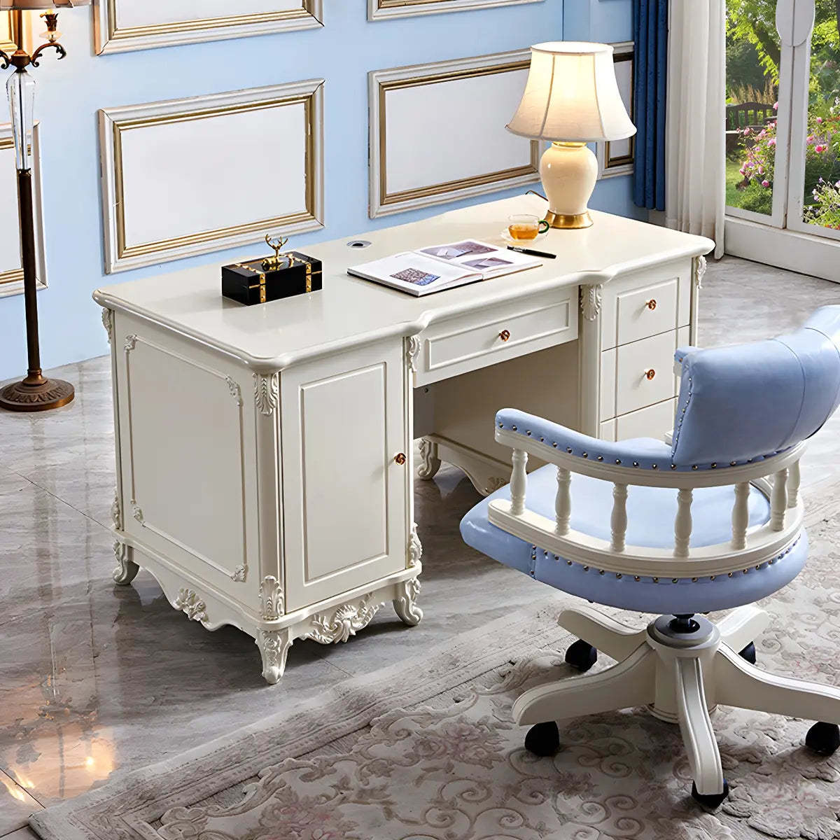 Scandinavian White Wood Computer Desk with Storage Drawers — Without Chairs