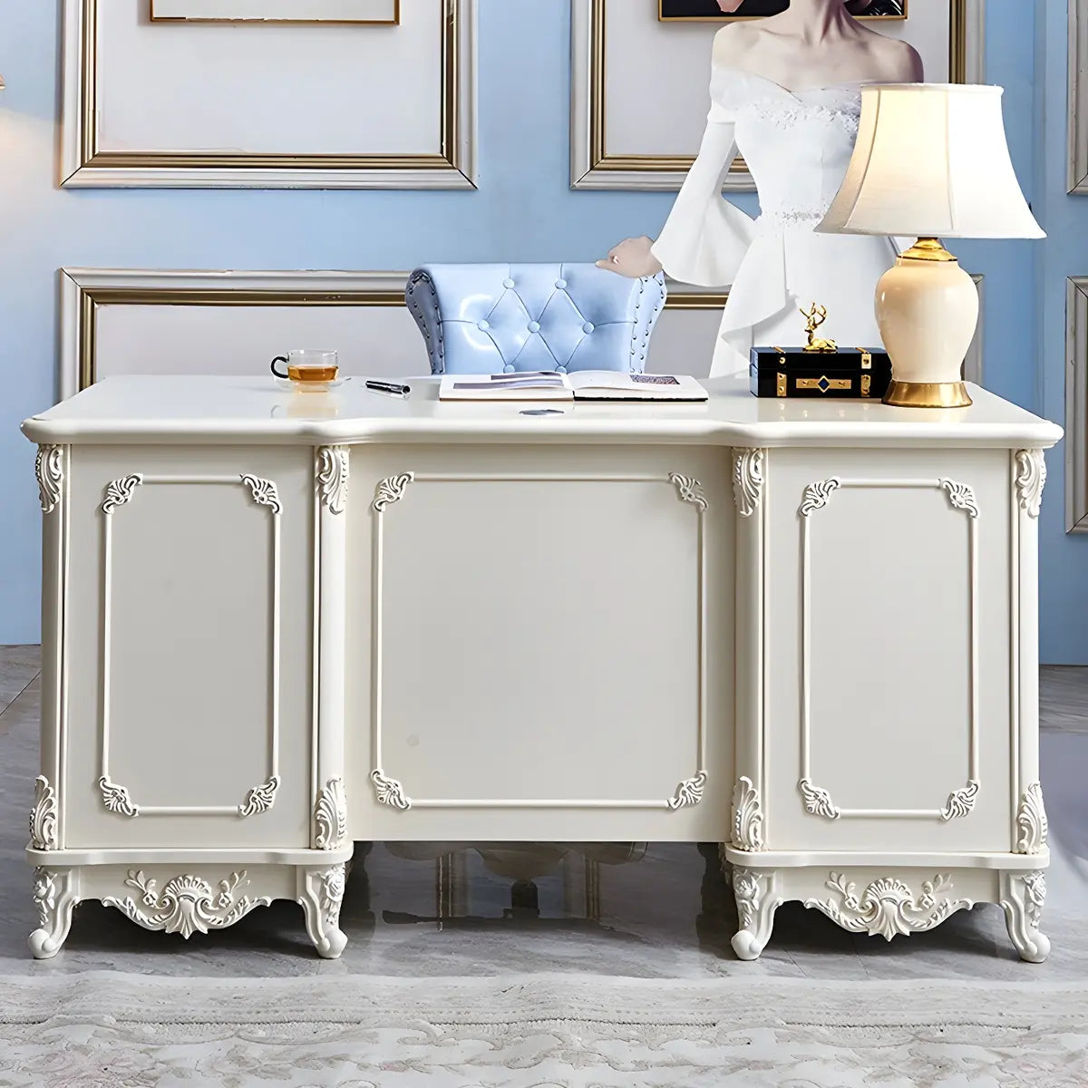 Scandinavian White Wood Computer Desk with Storage Drawers
