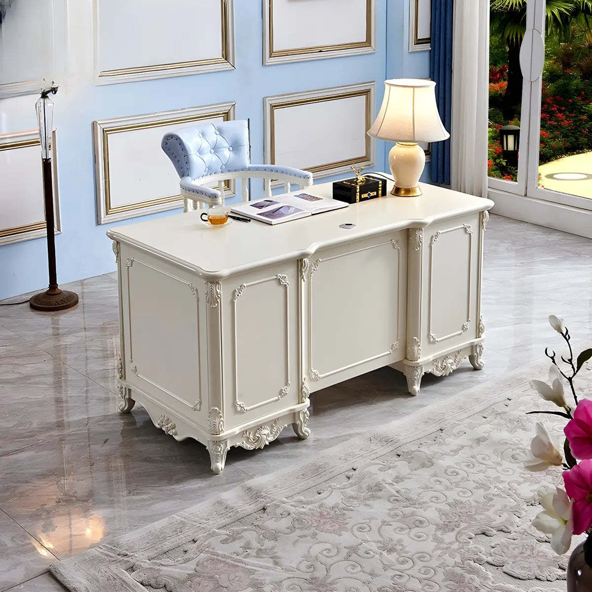 Scandinavian White Wood Computer Desk with Storage Drawers
