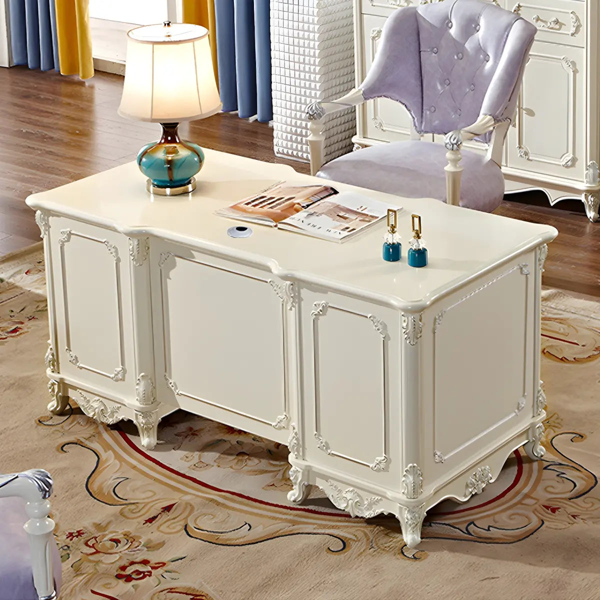 Scandinavian White Wood Computer Desk with Storage Drawers