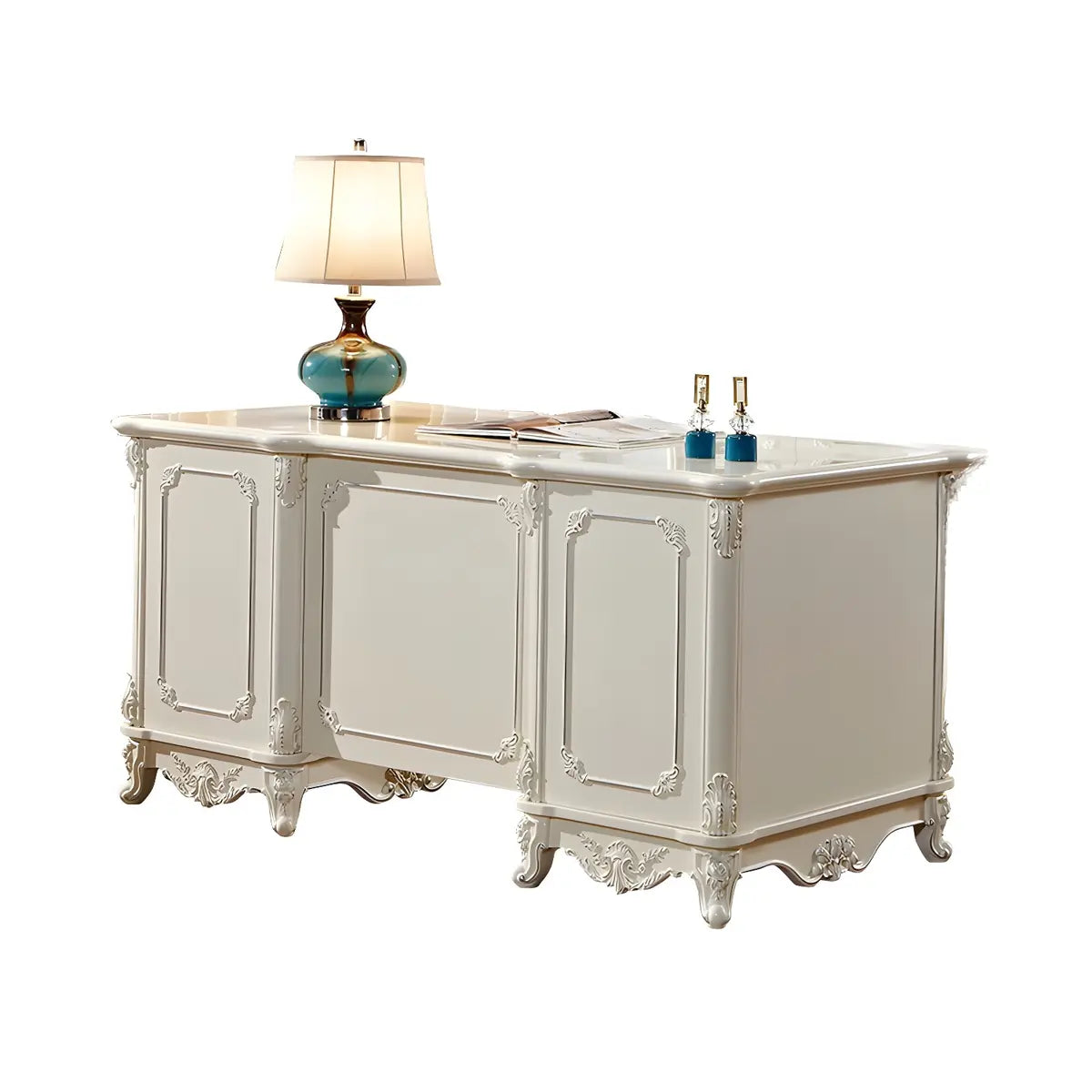 Scandinavian White Wood Computer Desk with Storage Drawers
