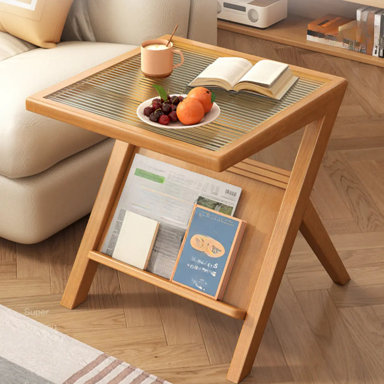Scandinavian Wood and Glass Side Table with Shelf — Natural Finish