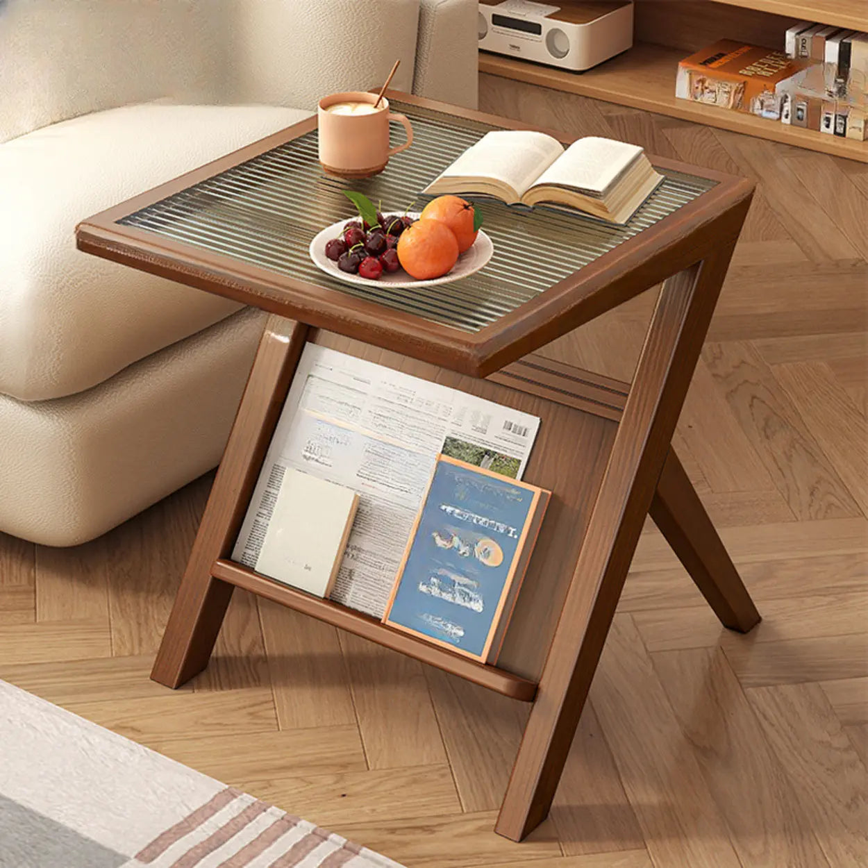 Scandinavian Wood and Glass Side Table with Shelf