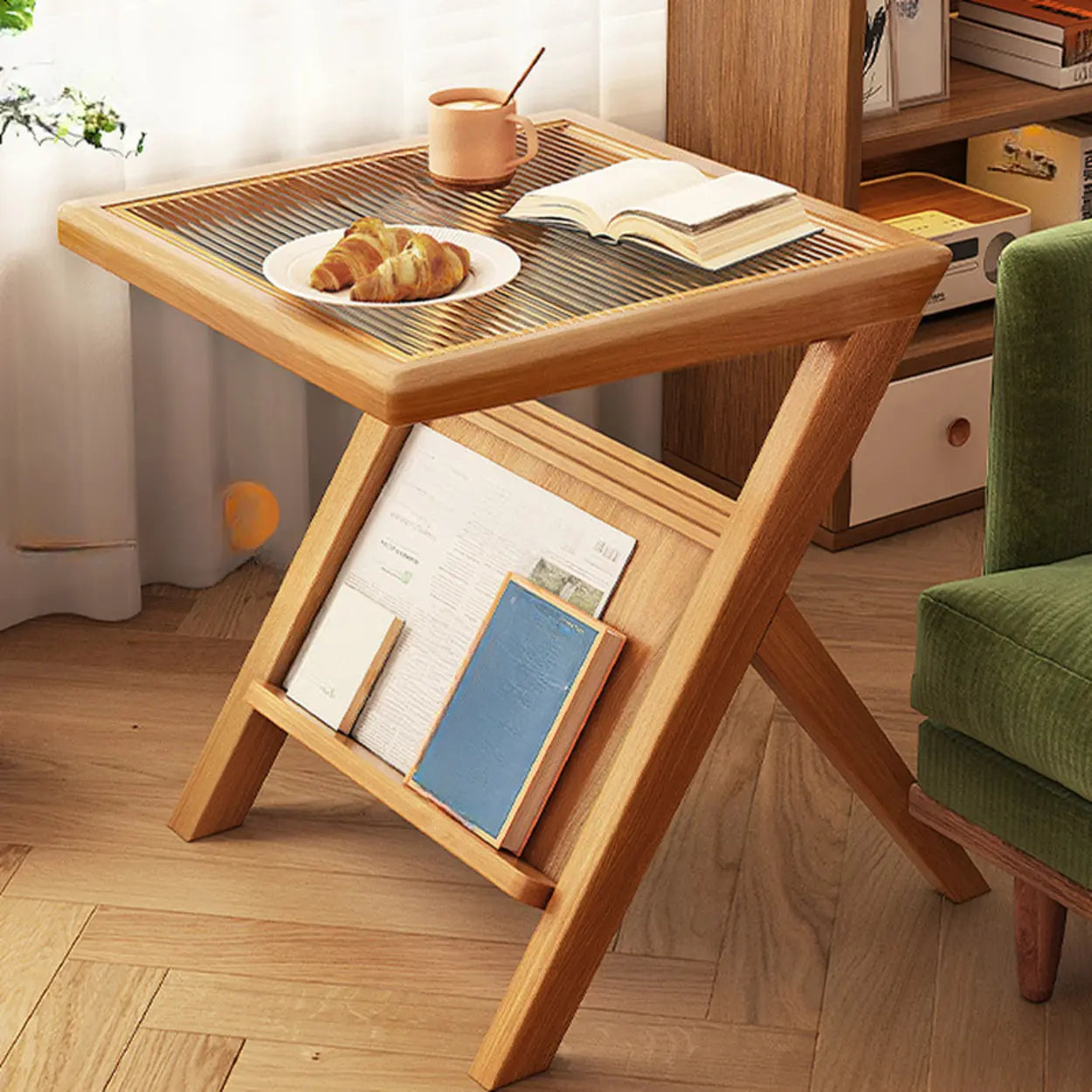 Scandinavian Wood and Glass Side Table with Shelf — Natural Finish