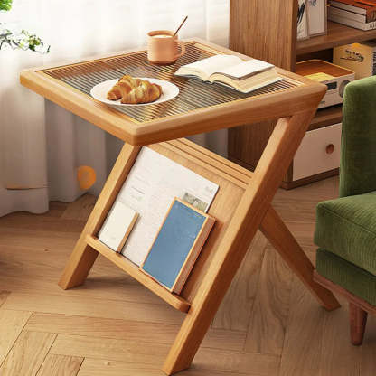 Scandinavian Wood and Glass Side Table with Shelf — Natural Finish